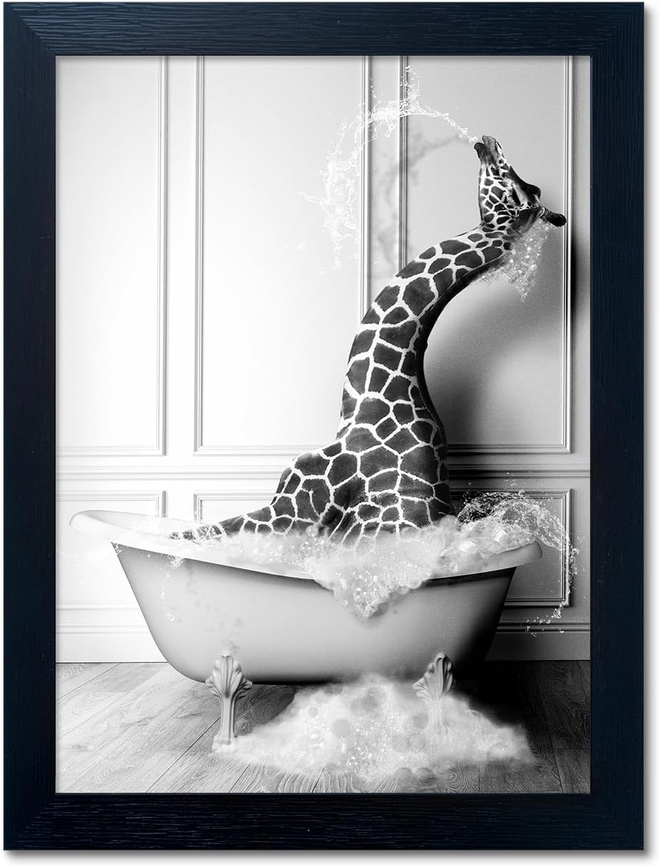 Skiennix Framed Animal Wall Art - Funny Giraffe in Bathtub Canvas Print | Black and White Farmhouse Decor for Kids' Bathroom