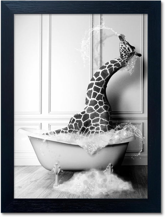 Skiennix Framed Animal Wall Art - Funny Giraffe in Bathtub Canvas Print | Black and White Farmhouse Decor for Kids' Bathroom