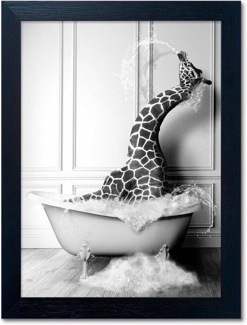 Funny Giraffe in Bathtub Canvas Wall Art - Black and White Bathroom Decor | Framed Farmhouse Style