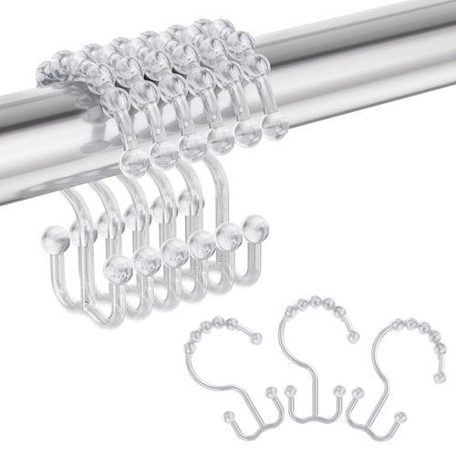 Amazer Plastic Shower Curtain Hooks, Shower Curtain Rings, Double Shower Rings Clear Shower Hooks for Shower Curtain Bathroom Set of 12