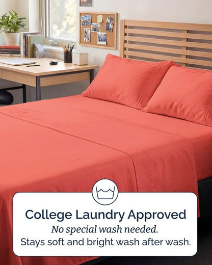 Full XL Bed Sheet - 4 Piece Full XL Bed Sheets Set - Soft, Breathable & Cooling - Hotel Luxury Bedding for Women, Men, Kids, Teens, Boys & Girls - Deep Pockets, Comfy, Fade and Wrinkle Free - Coral
