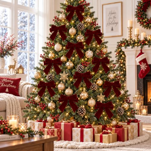 Burgundy Velvet Christmas Tree Bows - 24 Pack Holiday Decorations