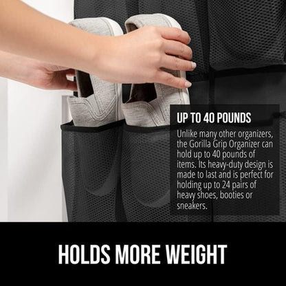 GORILLA GRIP Shoe Organizer & Headboard Gap Pillow Bundle - 24 Pockets Black, King Size Gray for Head & Neck Support