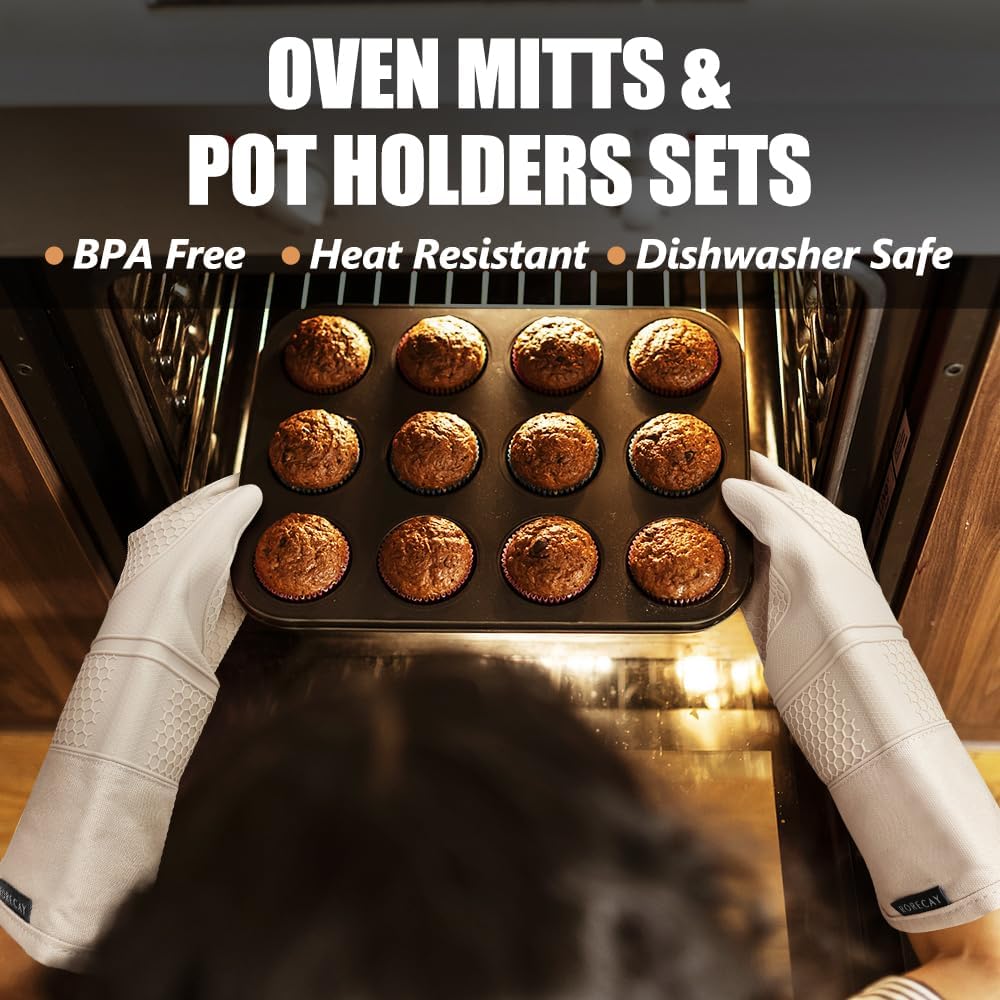 Rorecay Silicone Oven Mitts Set - Extra Long, High Heat Resistant 500°F | 6-Piece Non-Slip Kitchen Gloves & Potholders
