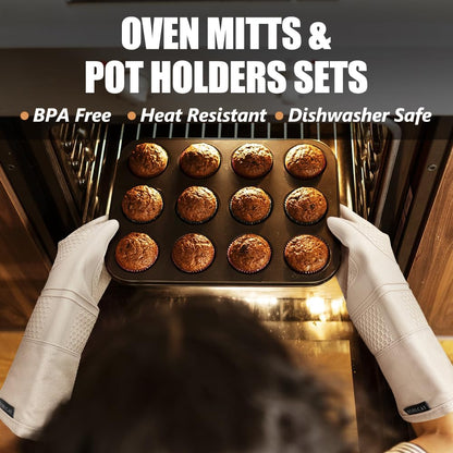 Rorecay Silicone Oven Mitts Set - Extra Long, High Heat Resistant 500°F | 6-Piece Non-Slip Kitchen Gloves & Potholders