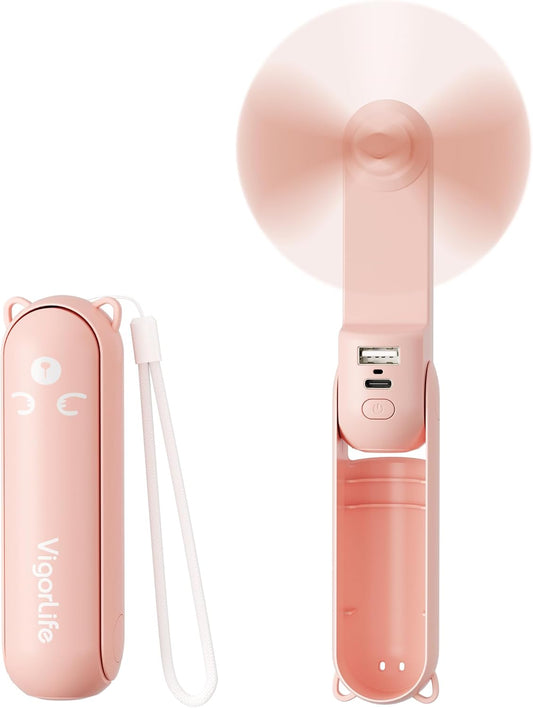 Skiennix Mini Handheld Fan - USB Rechargeable 3-in-1 Personal Cooler with Power Bank & LED Flashlight | Portable Pink Travel Essential