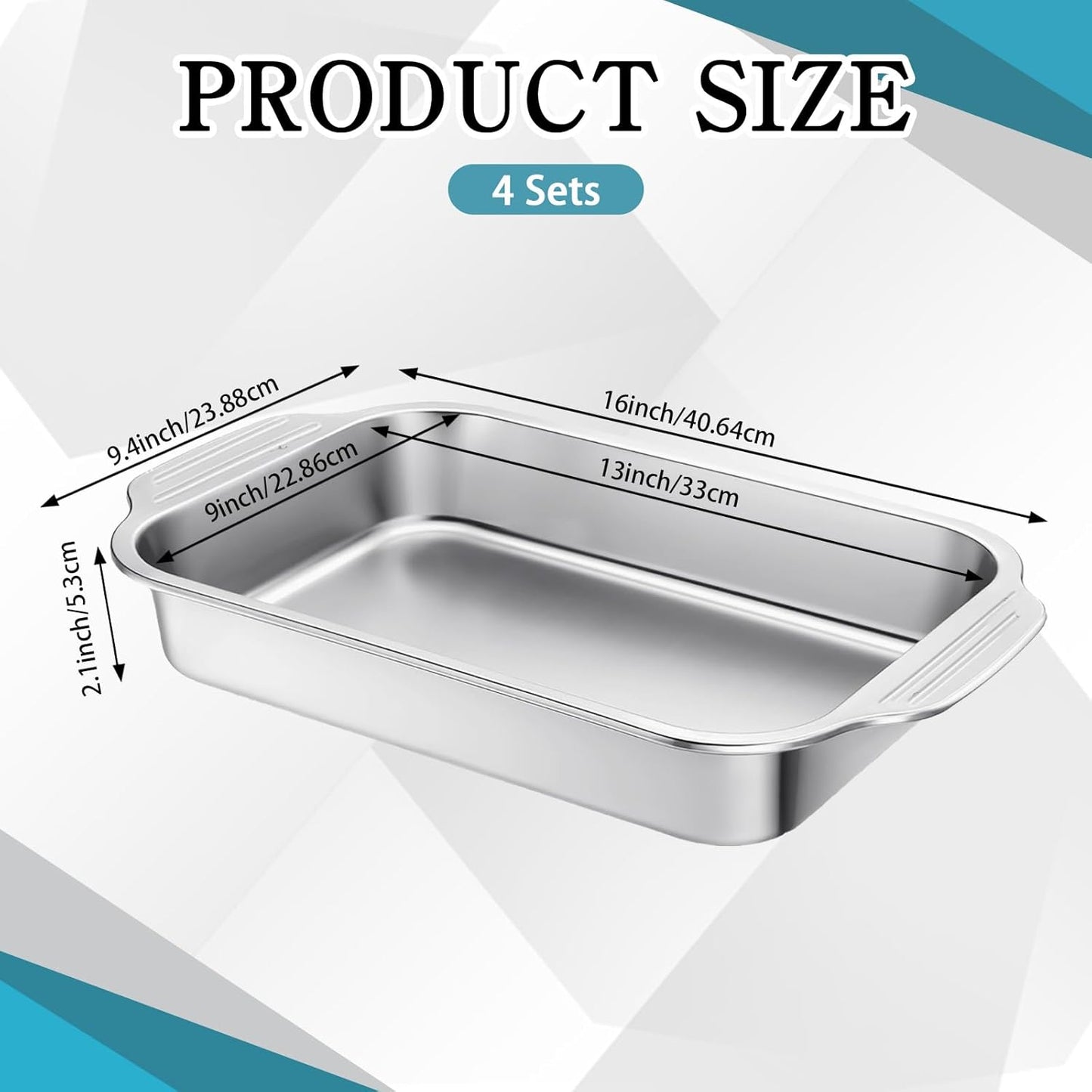 Skiennix Stainless Steel Cake Pan Set - 4 Pcs with Handles | 9 x 13 Inch Baking Bakeware for Casseroles, Fish, and More