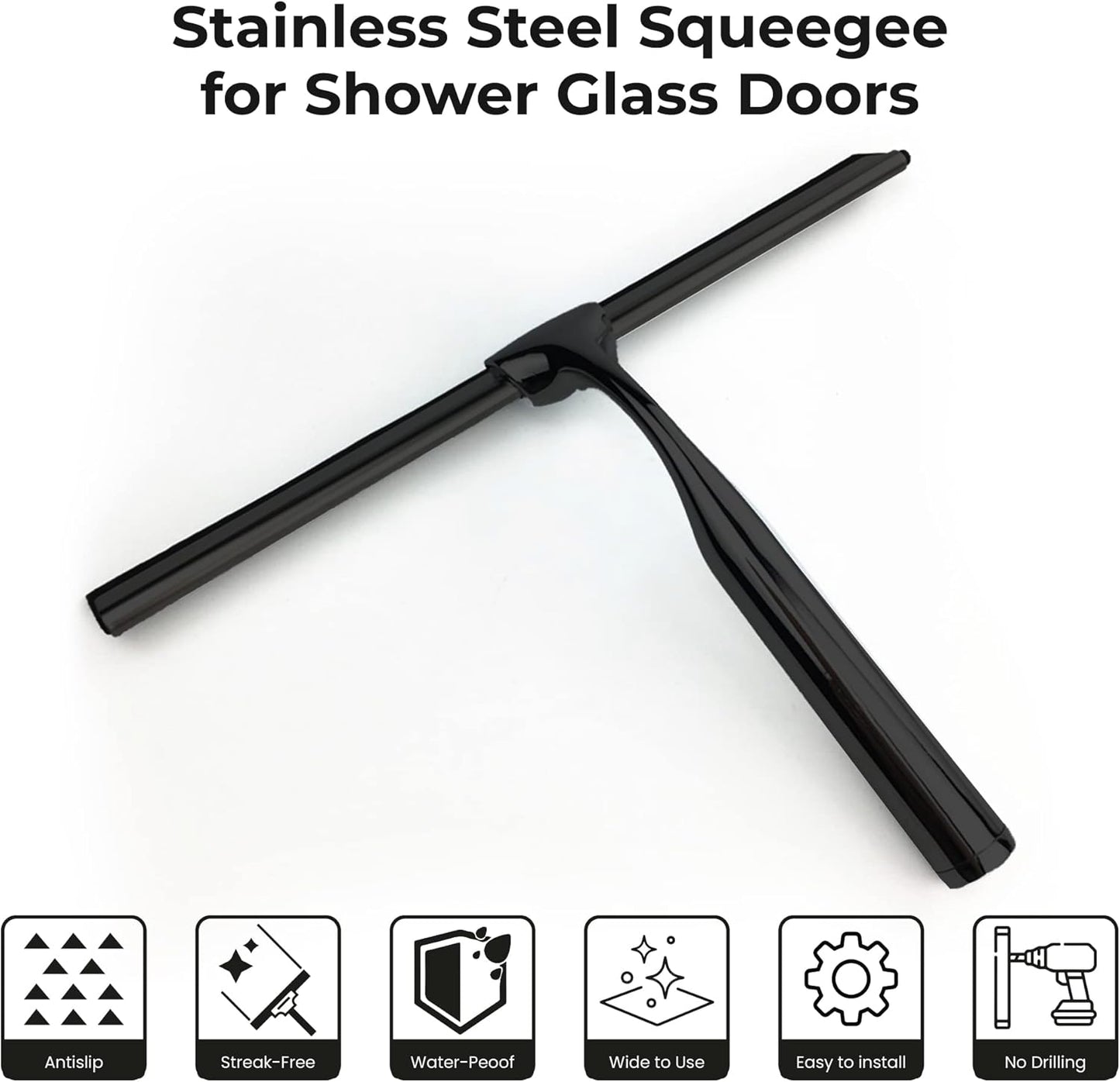 Skiennix Matte Black Shower Squeegee - 10 Inch Glass Cleaner Tool with Adhesive Hooks for Bathroom & Car