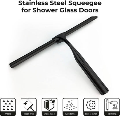Skiennix Matte Black Shower Squeegee - 10 Inch Glass Cleaner Tool with Adhesive Hooks for Bathroom & Car
