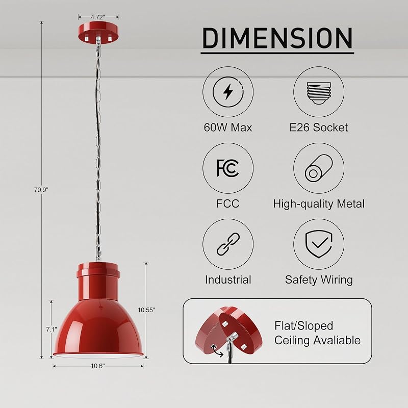 Red Pendant Light for Kitchen Island - 10.6" Wide, 71" Adjustable Height with Metal Shade
