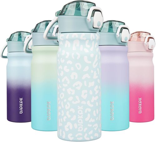 BJPKPK Insulated Water Bottle - 18oz Stainless Steel Thermal Flask with Straw & Carry Handle | Light Blue Leopard