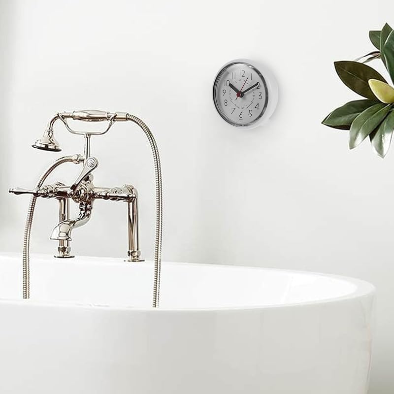Shower Clock with Suction Cup – Waterproof Wall Clock for Bathroom, White Plastic