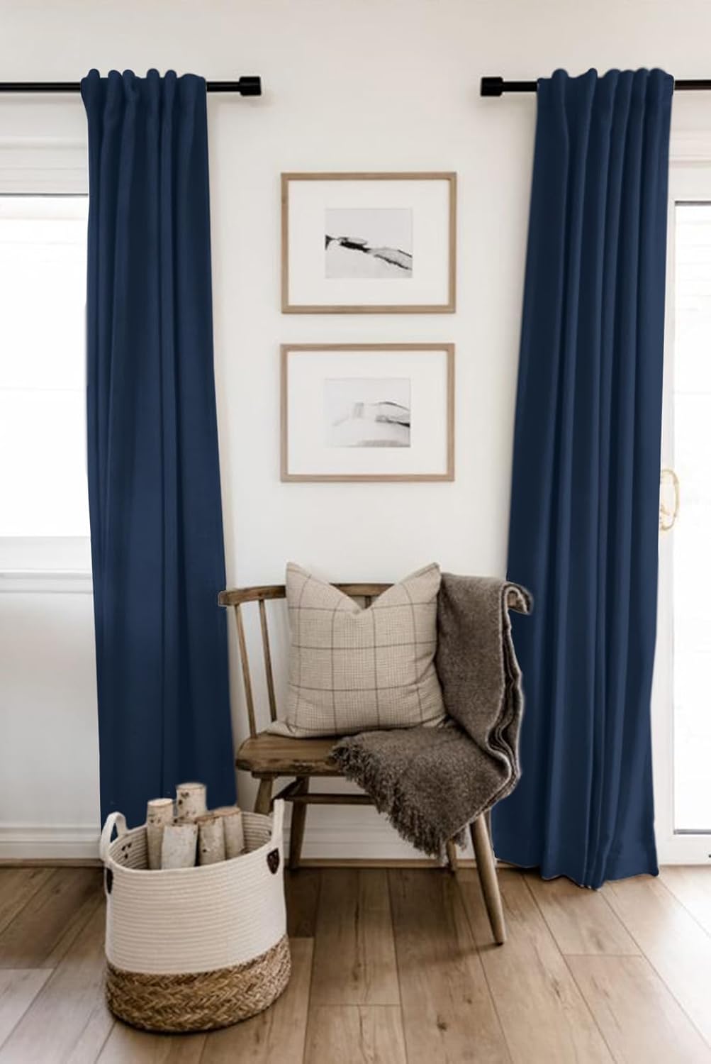 Skiennix 100% Blackout Linen Curtains - Thermal Insulated Drapes, 50" W x 102" L, Midnight Blue - 2 Panels Set