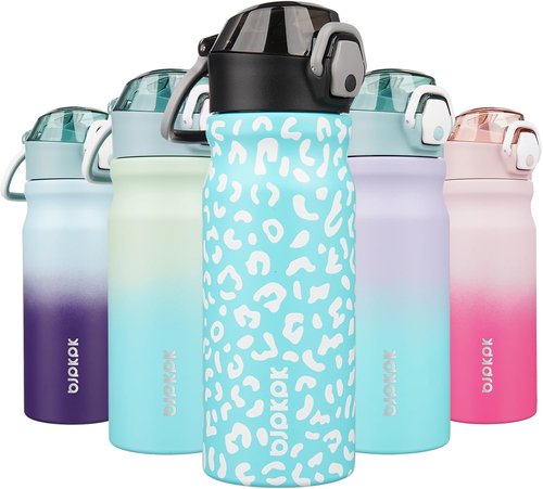 BJPKPK Insulated Water Bottle - 18oz Stainless Steel Thermal Flask with Straw & Carry Handle | Sky Blue Leopard