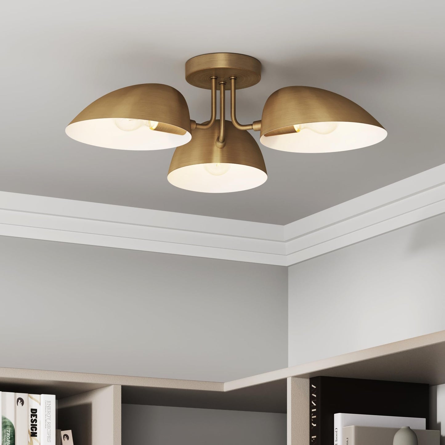 Nathan James Argo Semi Mount Flush Ceiling Light, 3-Lights Modern Retro Lighting with Black Rounded Shades for Hallway, Dining Room and Bedroom, Vintaged Brass