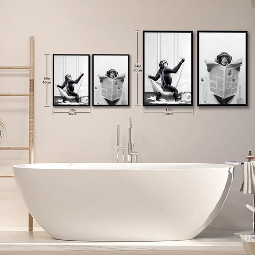Funny Monkey Painting Poster - Framed Black and White Canvas Art | 12" x 16" for Kids' Bathroom & Bedroom Decor