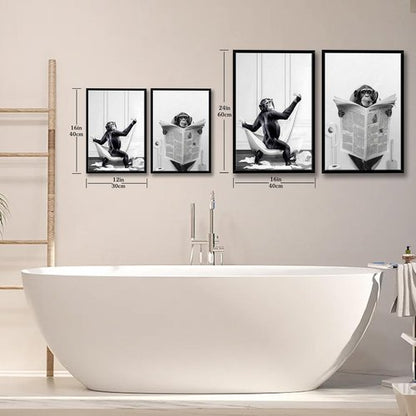 Funny Monkey Painting Poster - Framed Black and White Canvas Art | 12" x 16" for Kids' Bathroom & Bedroom Decor