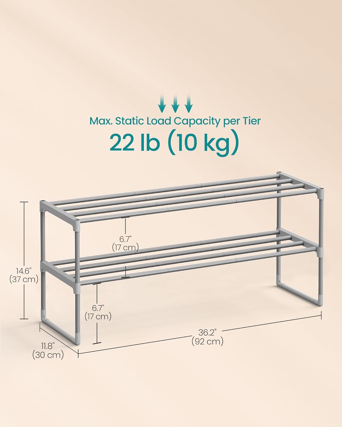 SONGMICS 2-Tier Shoe Rack - Stackable Metal Organizer for 12-15 Pairs | Gray, 11.8 x 36.2 x 14.6 Inches