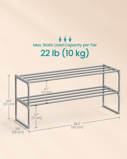 SONGMICS 2-Tier Shoe Rack - Stackable Metal Organizer for 12-15 Pairs | Gray, 11.8 x 36.2 x 14.6 Inches