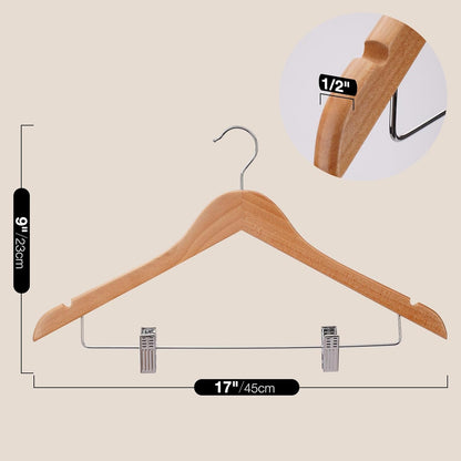 Skiennix Wooden Hangers with Clips - 12 PCS Solid Wood Pants Hangers with 360° Swivel Hooks & Adjustable Clips