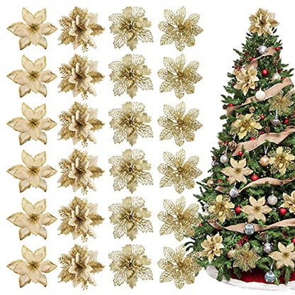 Gold Christmas Poinsettia Tree Decorations Set - 24 Glitter Artificial Flowers with Clips