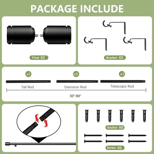 Adjustable Black Curtain Rods by [Brand Name] - 5/8” Diameter, 30-120 Inch for Windows | Perfect for Small Curtains
