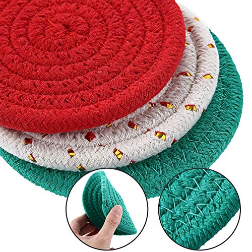 Christmas Coasters Set of 8 Handmade Cotton Woven Cup Pads - 4.3 Inches
