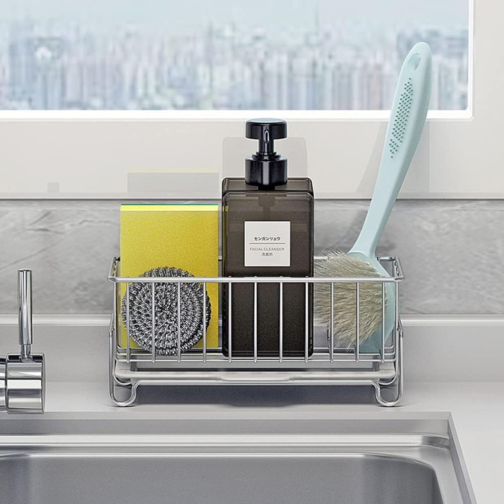 Skiennix Kitchen Countertop Sponge Holder - SUS 304 Stainless Steel Dish Soap Organizer | Caddy for Cleaning Tools