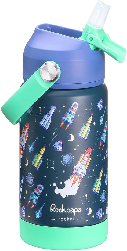 Rockpapa Kids Insulated Water Bottle - 14 oz Stainless Steel, BPA Free, Leak-Proof | Blue Rocket Design
