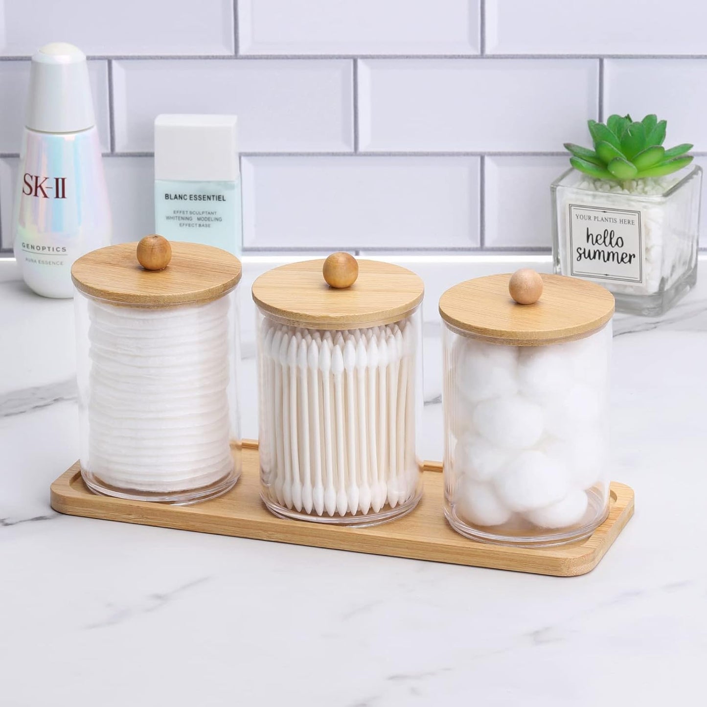 Tbestmax Cotton Swab Holder - Clear Apothecary Jar with Vanity Tray | 10 Oz, 3 Pack with Wood Lids