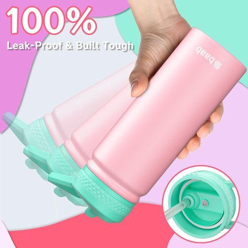 Baab 18oz Insulated Kids Water Bottle - Leakproof Stainless Steel with Straw & Stickers | Pink