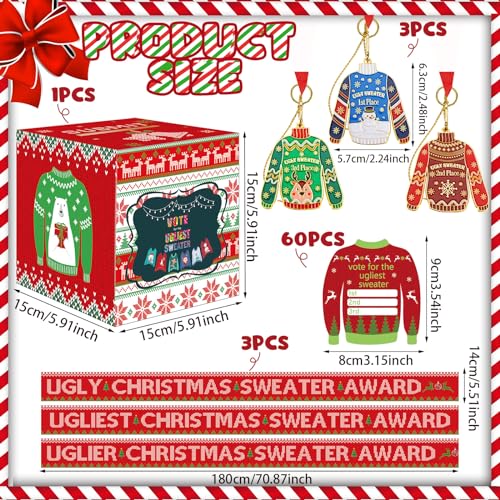 67 Pieces Ugly Sweater Voting Kit with Ballot Box Medals and Sashes for Christmas Party