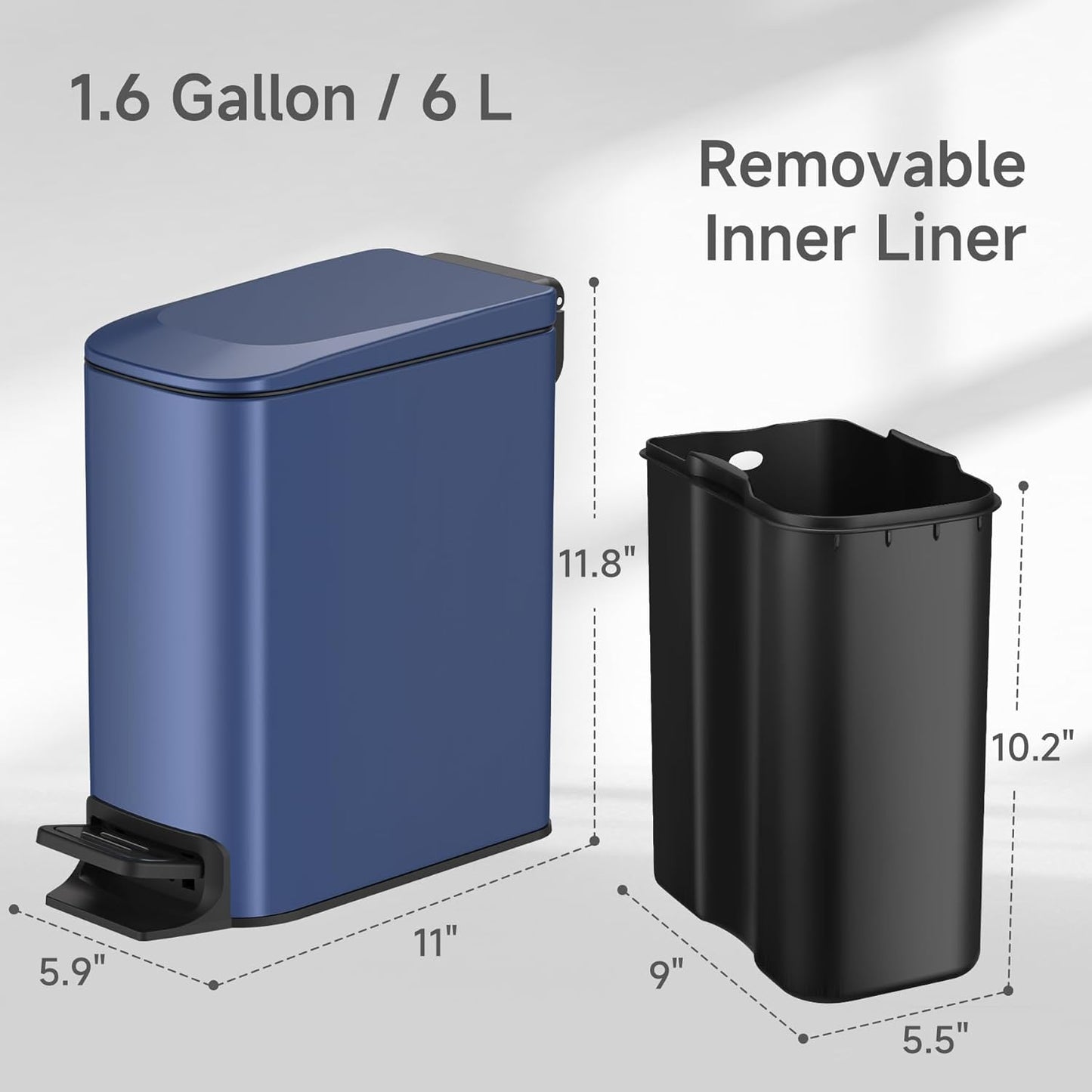 TIPGO Slim Bathroom Trash Can - Soft Close Lid & Step Pedal - 6L Stainless Steel Bin | Navy Blue