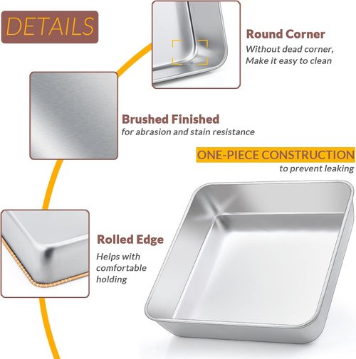 E-far Stainless Steel Square Cake Pan Set - Non-Toxic & Easy Clean Bakeware | Set of 3 (6/8/9-Inch)