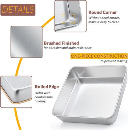 E-far Stainless Steel Square Cake Pan Set - Non-Toxic & Easy Clean Bakeware | Set of 3 (6/8/9-Inch)