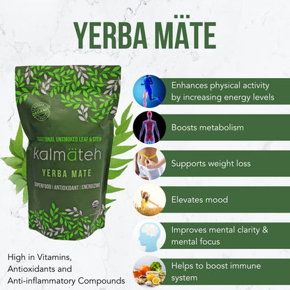 KALMATEH Organic Yerba Mate Tea - Unsmoked Yerba Mate Loose Leaf & Stem Tea - 1lb