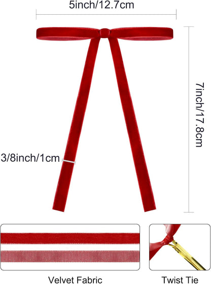 SIMISI Velvet Ribbon Bows - 24 Pcs Red Christmas Decorations for Tree, Wreath & Garland (3/8'' Width, 5x7 Inch)