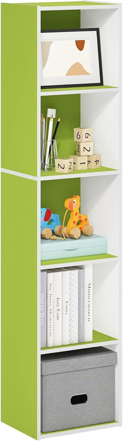 Furinno PASIR 5-Tier Modern Bookshelf - Easy Assembly Open Shelves Bookcase | Green/White Finish