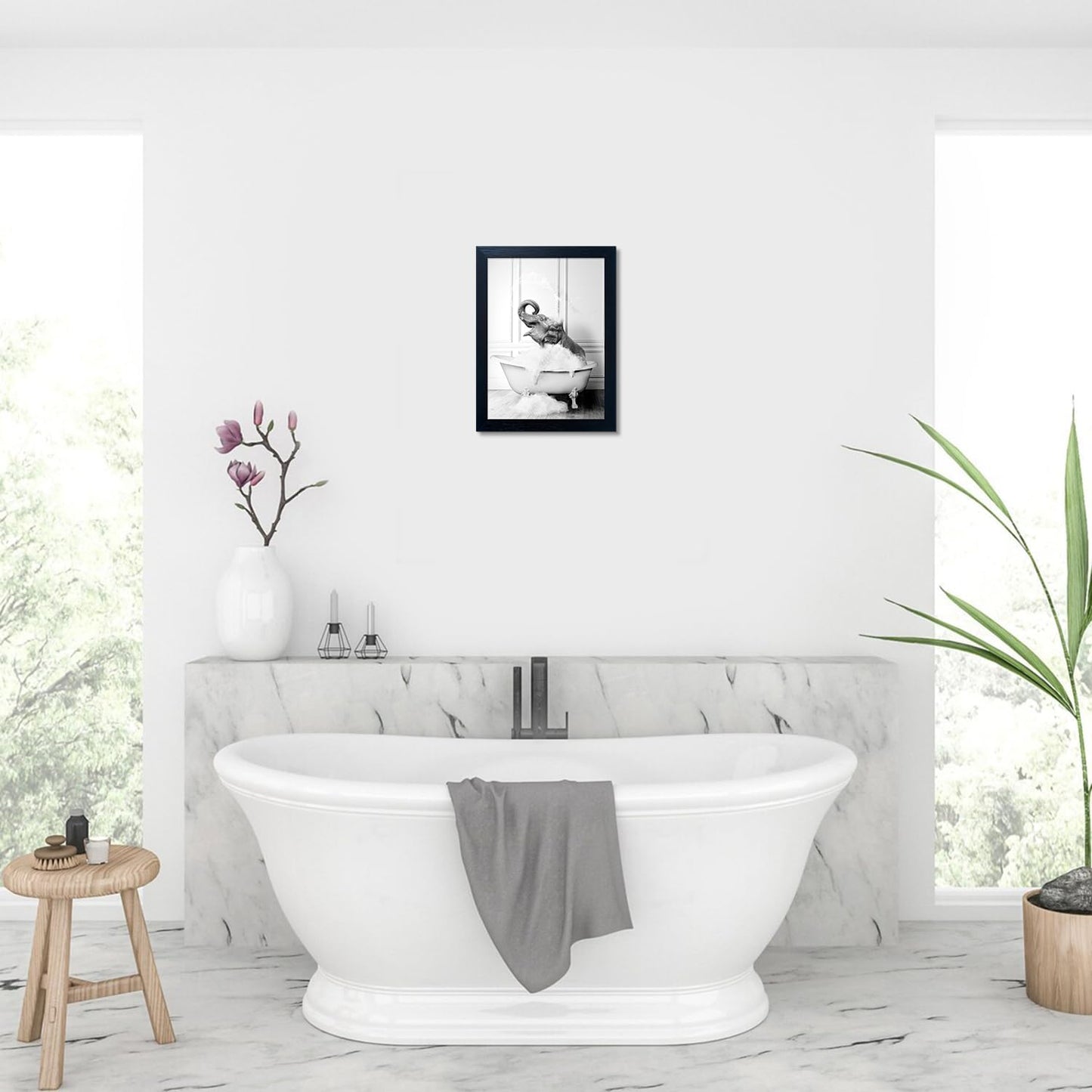 Regine Switzerland Elephant in Bathtub Wall Art - Funny Black & White Canvas Print for Bathroom Decor