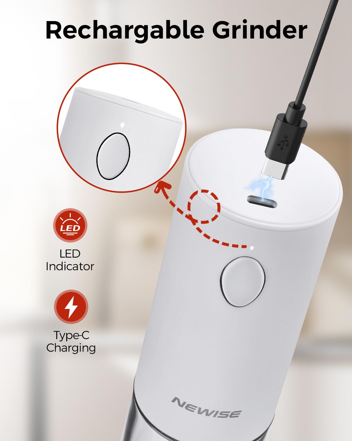 Newise Electric Salt and Pepper Grinder Set Rechargeable with Light, Automatic & Adjustable Coarseness, Kitchen Gadgets, Housewarming Gifts for New Home, 2 Pack, White