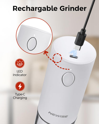 Newise Electric Salt and Pepper Grinder Set Rechargeable with Light, Automatic & Adjustable Coarseness, Kitchen Gadgets, Housewarming Gifts for New Home, 2 Pack, White