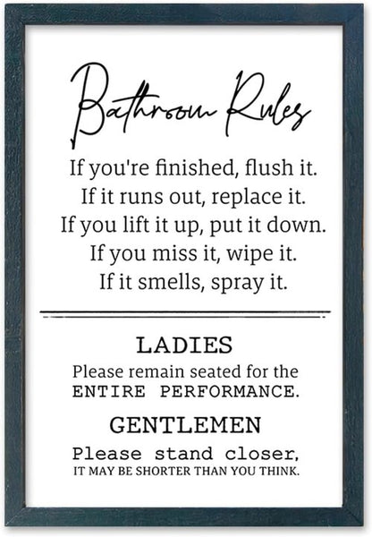 Bathroom Rules Wall Decor - Humorous 16" x 11" Restroom Sign | Modern Framed Art in Black