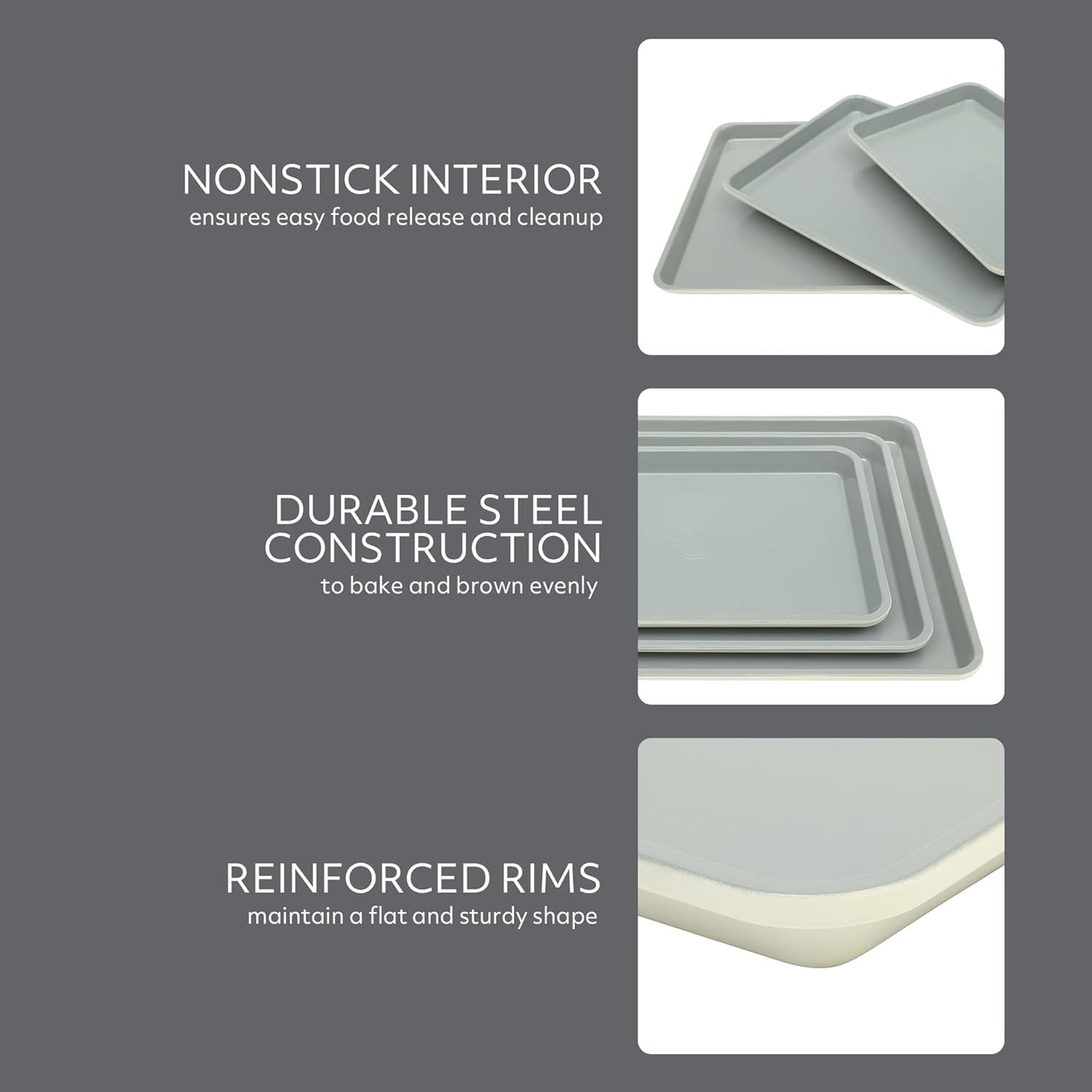 Sur La Table Cookie Sheet Set - Nonstick Carbon Steel Baking Pans (13, 15, 18 Inch) - Grey Easy-Clean Trays for Cookies & Roasting