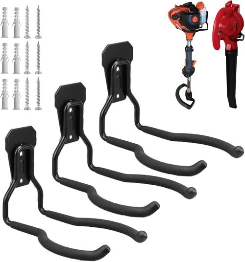 Garden Power Tool Hanger | Garage Wall Hooks for Weedeater & String Trimmer - 3 Black Utility Hooks
