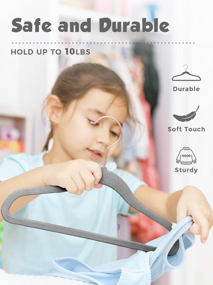 Smartor Kids Velvet Hangers - 50 Pack Premium Non-Slip Felt Hangers for Toddler Clothes | Grey with Rose Gold Hook