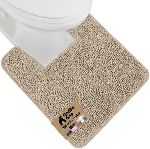 Gorilla Grip Plush Chenille Bath Rug Mat - Soft, Absorbent, Machine Washable | Gray Beige, Toilet Base Fit