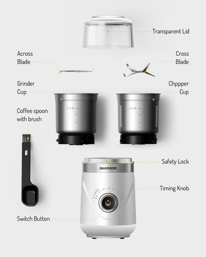 SHARDOR Adjustable Coffee Grinder Electric, Herb, Spice, Coffee Bean, Espresso with 2 Removable Stainless Steel Wet and Dry Bowl, White, Upgraded 2.0