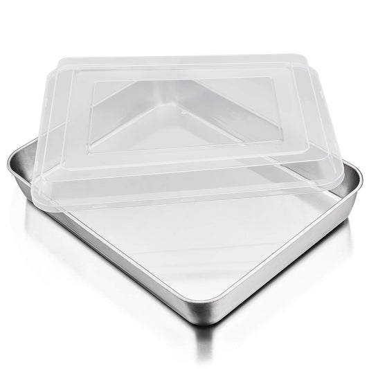 P&P CHEF Baking Pan with Airtight Lid, Stainless Steel Lasagna Cake Pan and Plastic Lid, 12.3 Inch Rectangular Bakeware for Baking Reheating Roasting Storing, Heavy Duty & Dishwasher Safe