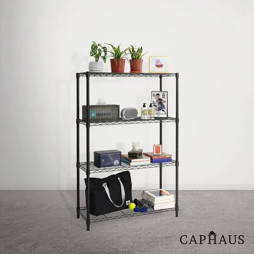 CAPHAUS 4-Tier Wire Shelving Unit - Adjustable Height Metal Storage Rack | Black Utility Organizer