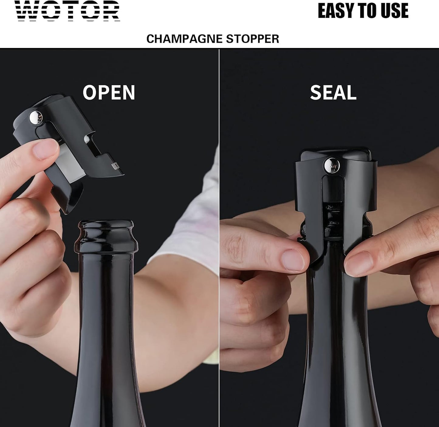 WOTOR Stainless Steel Champagne Stoppers - Champagne Bottle Stoppers with Silicone Seal, Reusable Cork & Saver, Suitable for Prosecco & Sparkling Wine, Black, 2 Pack